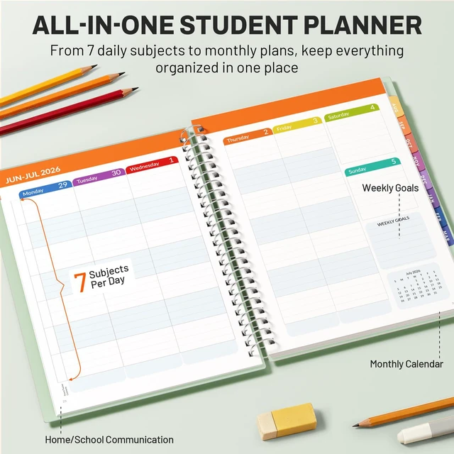 Alt view image 3 of 7 - Student Planner 2026-2027, Middle or High School Planner for Academic Year Jul. 2026 - Jun. 2027, 6.5" x 8.3" Lesson Plan Datebook with PVC Waterproof Cover, Bookmark, Planning Stickers, Green