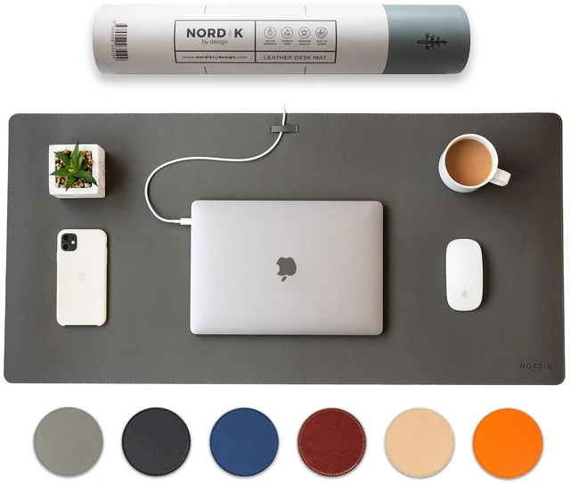 Main image of Leather Desk Mat - Alaskan Gray - Large Leather Desk Pad 35x17 in Premium Vegan Leather Desk Pad with Cable Organizer for Office, Extended Waterproof Mouse Mat, Non-Slip Desk Pad Protector