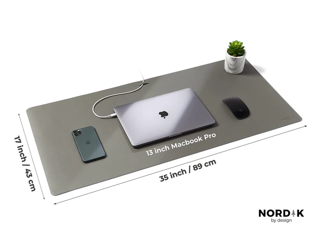 Alt view image 6 of 6 - Leather Desk Mat - Alaskan Gray - Large Leather Desk Pad 35x17 in Premium Vegan Leather Desk Pad with Cable Organizer for Office, Extended Waterproof Mouse Mat, Non-Slip Desk Pad Protector