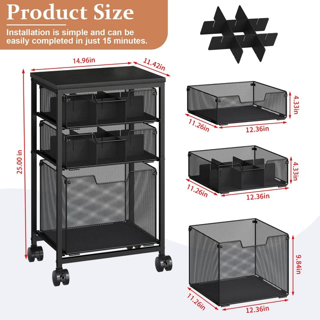 Alt view image 2 of 7 - Rolling File Cart with 3 Drawers, File Cabinet with DIY Divider, Hanging Folder Holder Organizer with Wheels, Under Desk Storage Utility Cart, Printer Stand for Home Office, Black