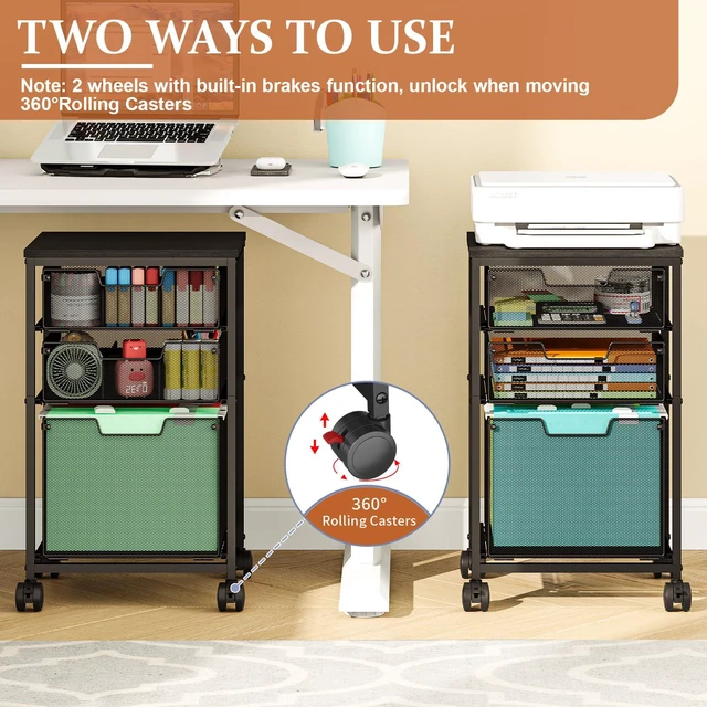 Alt view image 5 of 7 - Rolling File Cart with 3 Drawers, File Cabinet with DIY Divider, Hanging Folder Holder Organizer with Wheels, Under Desk Storage Utility Cart, Printer Stand for Home Office, Black