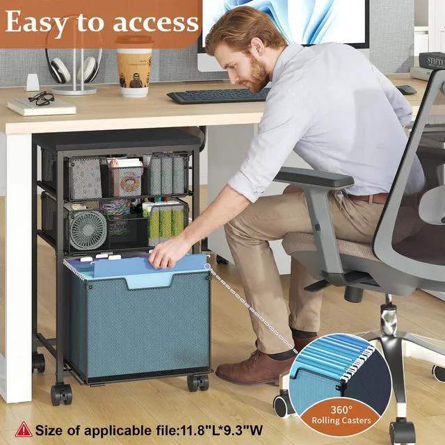 Alt view image 4 of 7 - Rolling File Cart with 3 Drawers, File Cabinet with DIY Divider, Hanging Folder Holder Organizer with Wheels, Under Desk Storage Utility Cart, Printer Stand for Home Office, Black