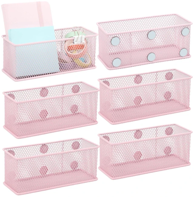 Main image of Magnetic Pencil Holder Set of 6 - Wire Mesh Storage Baskets Organizer with Strong Magnets - Perfect for Whiteboard, Refrigerator and Locker Accessories, Pink