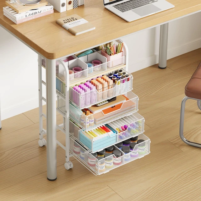 Alt view image 2 of 7 - 5-Tier Craft Organizer Cart with 5 Sets of DIY Dividers,Craft Organizers and Storage with Drawers,Lockable Wheels Rolling Utility Cart on Wheels,Art Supply Organizer,Ideal for Studio,Office,White
