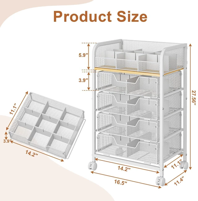 Alt view image 4 of 7 - 5-Tier Craft Organizer Cart with 5 Sets of DIY Dividers,Craft Organizers and Storage with Drawers,Lockable Wheels Rolling Utility Cart on Wheels,Art Supply Organizer,Ideal for Studio,Office,White