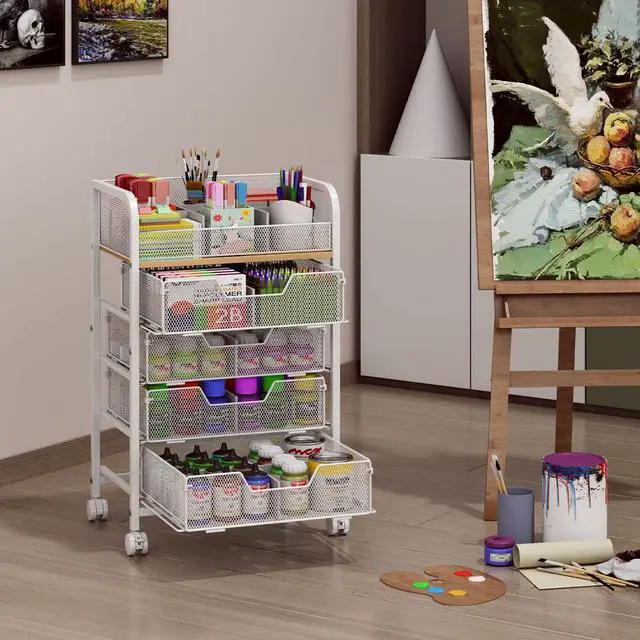 Alt view image 5 of 7 - 5-Tier Craft Organizer Cart with 5 Sets of DIY Dividers,Craft Organizers and Storage with Drawers,Lockable Wheels Rolling Utility Cart on Wheels,Art Supply Organizer,Ideal for Studio,Office,White