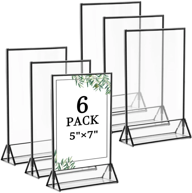 Main image of 6 Pack 5x7 Inch Clear Acrylic Sign Holders, Double-Sided Black Display Stand Picture Frames for Table Numbers, Menus, Flyers, Weddings, and Offices