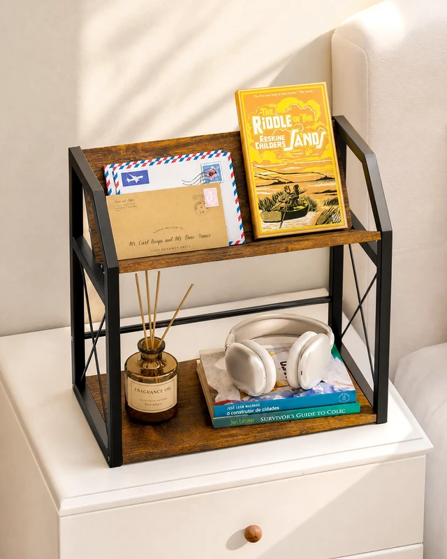 Alt view image 2 of 7 - Desktop Bookshelf, Wooden Desk Shelf Organizer, Brown 2-Tier Desk Top Storage Rack for Office, Dorm, Bedroom Decor, Small Tabletop Shelf for Books, Plants & Accessories