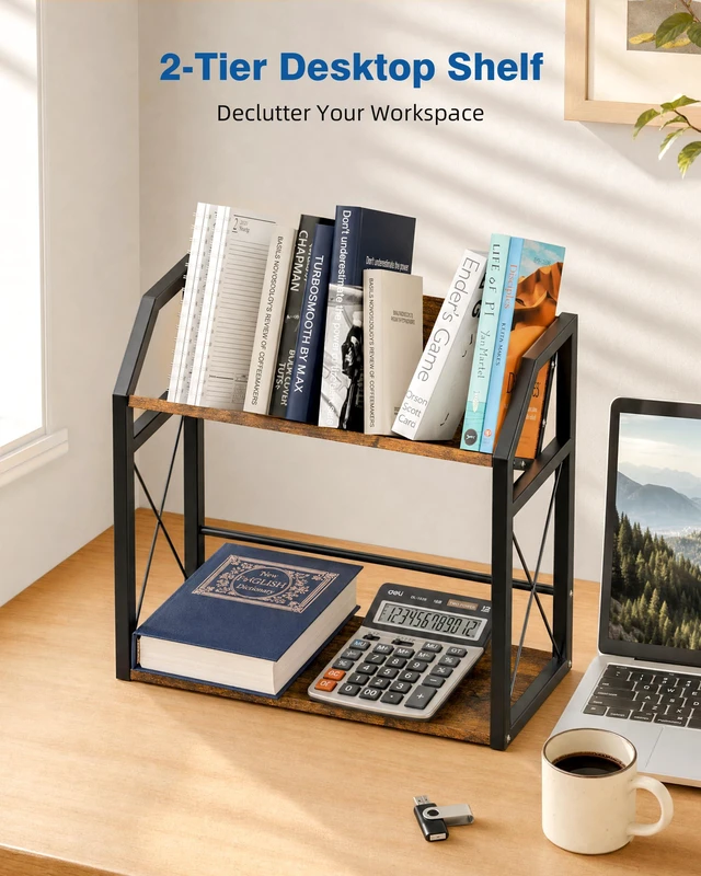 Alt view image 4 of 7 - Desktop Bookshelf, Wooden Desk Shelf Organizer, Brown 2-Tier Desk Top Storage Rack for Office, Dorm, Bedroom Decor, Small Tabletop Shelf for Books, Plants & Accessories