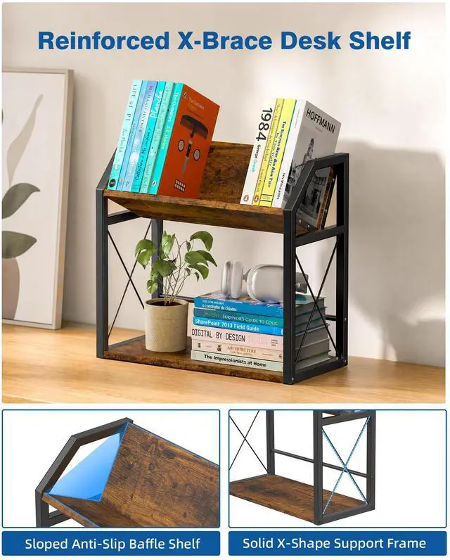 Alt view image 5 of 7 - Desktop Bookshelf, Wooden Desk Shelf Organizer, Brown 2-Tier Desk Top Storage Rack for Office, Dorm, Bedroom Decor, Small Tabletop Shelf for Books, Plants & Accessories