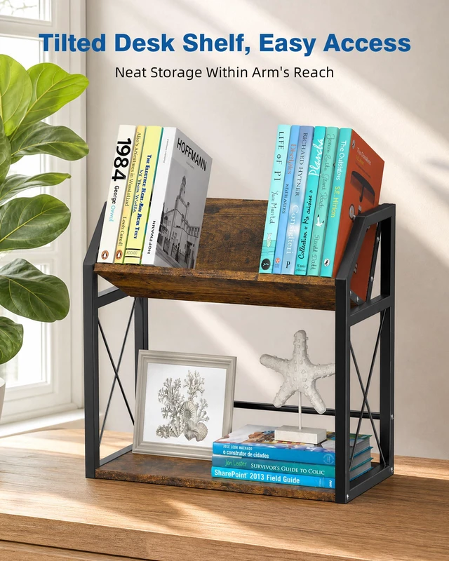Alt view image 6 of 7 - Desktop Bookshelf, Wooden Desk Shelf Organizer, Brown 2-Tier Desk Top Storage Rack for Office, Dorm, Bedroom Decor, Small Tabletop Shelf for Books, Plants & Accessories
