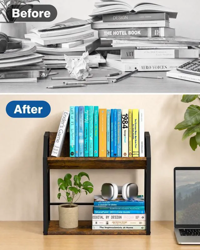 Alt view image 7 of 7 - Desktop Bookshelf, Wooden Desk Shelf Organizer, Brown 2-Tier Desk Top Storage Rack for Office, Dorm, Bedroom Decor, Small Tabletop Shelf for Books, Plants & Accessories
