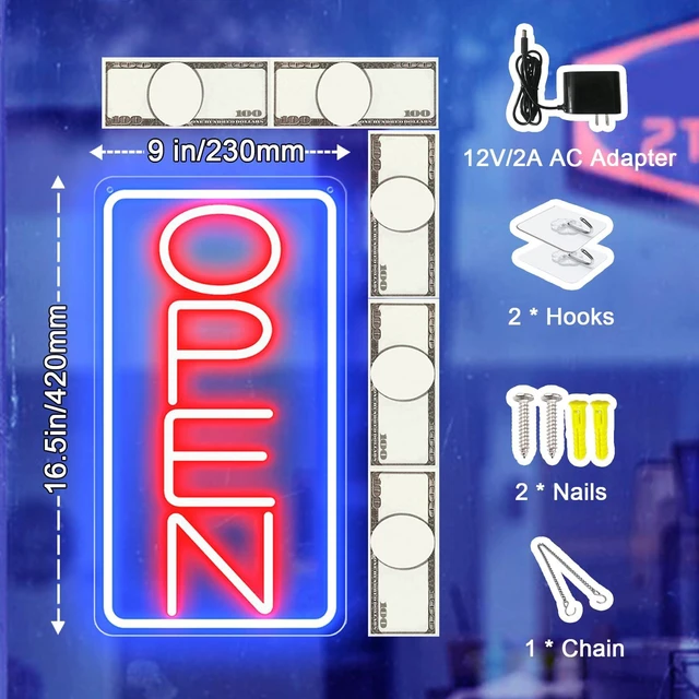 Alt view image 3 of 7 - 16.5" X 9" Led Neon Open Signs for Business 12V/2A Ultra Bright Led Neon Open Signs Plug In Electric Light Up Open Sign with ON/OFF Switch for Bar Salon Coffee Stores Club Hotel (Vertical)