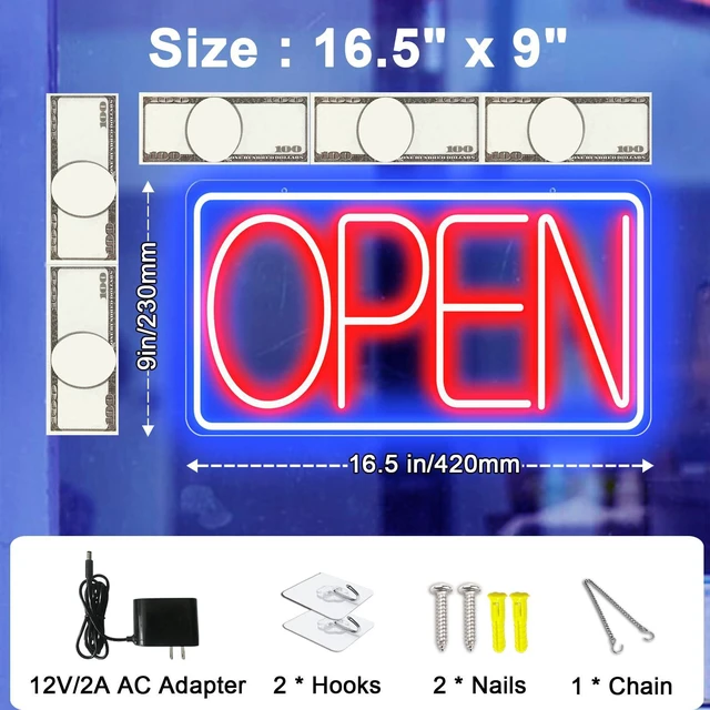 Alt view image 3 of 7 - 16.5" X 9" Led Neon Open Signs for Business - 12V/2A Ultra Bright Led Neon Sign with ON/OFF Switch - Plug In Electric Light Up Sign for Bar, Salon, Coffee Stores, Club, Hotel (Horizontal)