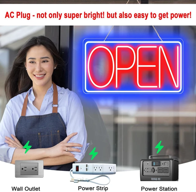 Alt view image 6 of 7 - 16.5" X 9" Led Neon Open Signs for Business - 12V/2A Ultra Bright Led Neon Sign with ON/OFF Switch - Plug In Electric Light Up Sign for Bar, Salon, Coffee Stores, Club, Hotel (Horizontal)