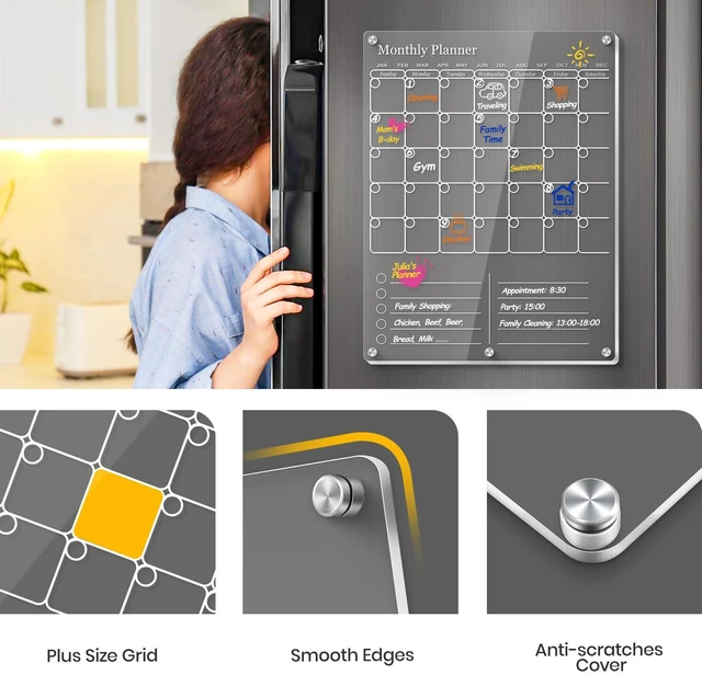 Alt view image 5 of 7 - Acrylic Magnetic Fridge Calendar Magnet Strong, Clear Dry Erase Board Calendar for Refrigerator, Vertical 2in1 Monthly Planner & to Do List for Fridge, Whiteboard Organizer House Decor,White