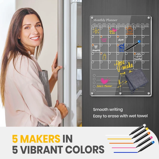 Alt view image 6 of 7 - Acrylic Magnetic Fridge Calendar Magnet Strong, Clear Dry Erase Board Calendar for Refrigerator, Vertical 2in1 Monthly Planner & to Do List for Fridge, Whiteboard Organizer House Decor,White
