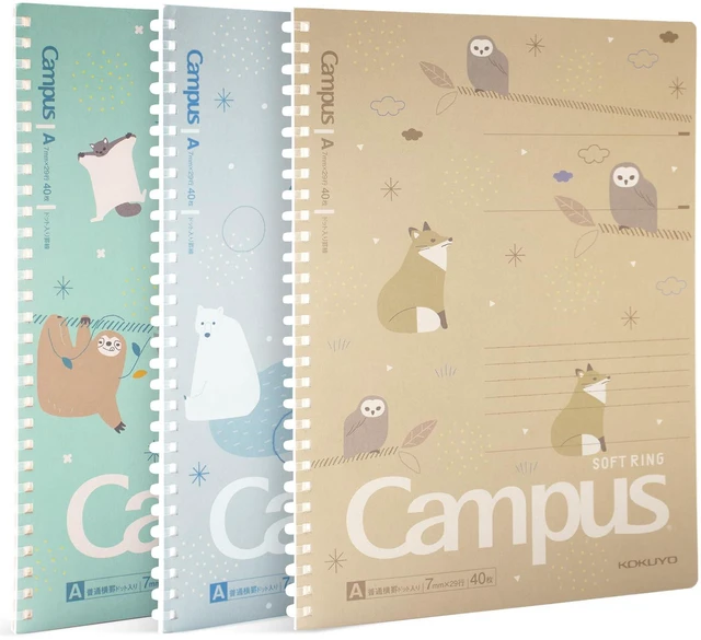 Main image of Spiral Notebook Journal, 3 Pack Campus B5 Soft Ring Notebooks with Dotted A 7mm Rule, 40 Sheets, Cute Animal 1 Subject Notebook in Blue Yellow Green, College Office Note Taking. Japan Import