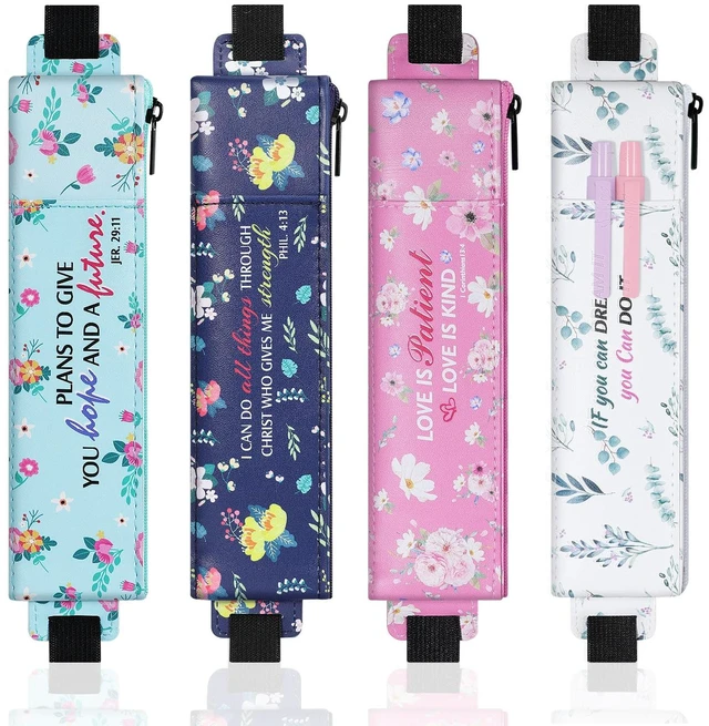 Main image of Elastic Pen Holder for Notebook, 4 Pack PU Leather Pouches with Pocket Adjustable 7.514.6 in bands secure each 7 × 2.2 in zippered case; front pocket holds 12 pens