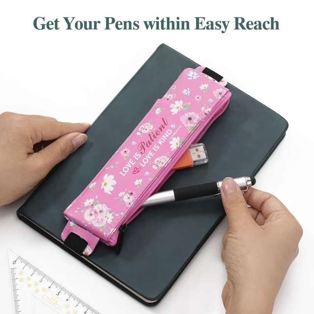 Alt view image 7 of 7 - Elastic Pen Holder for Notebook, 4 Pack PU Leather Pouches with Pocket Adjustable 7.514.6 in bands secure each 7 × 2.2 in zippered case; front pocket holds 12 pens
