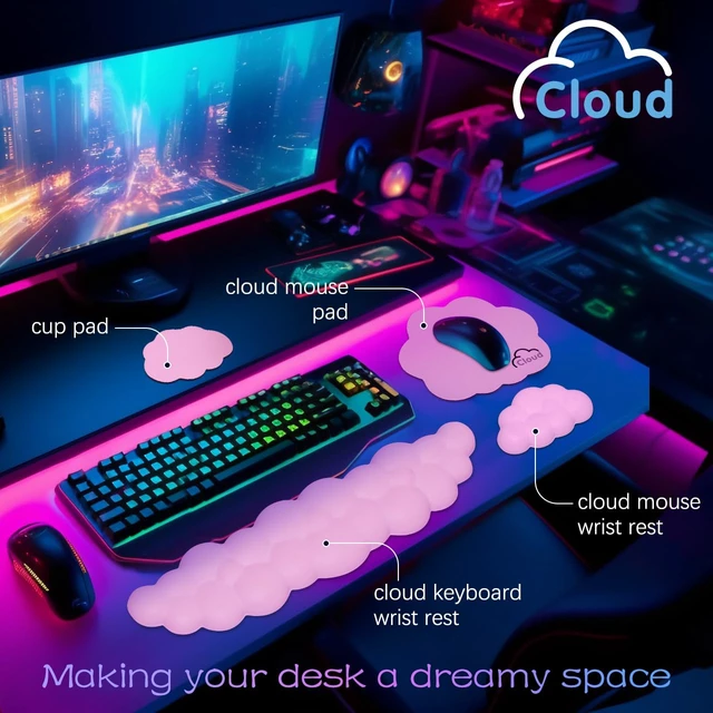 Alt view image 2 of 7 - 4 in 1 Ergonomic Leather Cloud Wrist Rest Keyboard and Mouse Pad & Coaster Full 4-Piece Set, Non-Slip PU Base, Soft Memory Foam Comfort For Long Work/Gaming Hours, Cute Desk Decor, Easy To Clean