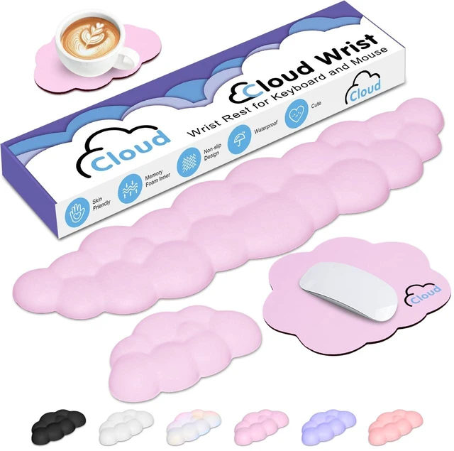 Main image of 4 in 1 Ergonomic Leather Cloud Wrist Rest Keyboard and Mouse Pad & Coaster Full 4-Piece Set, Non-Slip PU Base, Soft Memory Foam Comfort For Long Work/Gaming Hours, Cute Desk Decor, Easy To Clean