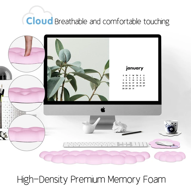 Alt view image 6 of 7 - 4 in 1 Ergonomic Leather Cloud Wrist Rest Keyboard and Mouse Pad & Coaster Full 4-Piece Set, Non-Slip PU Base, Soft Memory Foam Comfort For Long Work/Gaming Hours, Cute Desk Decor, Easy To Clean