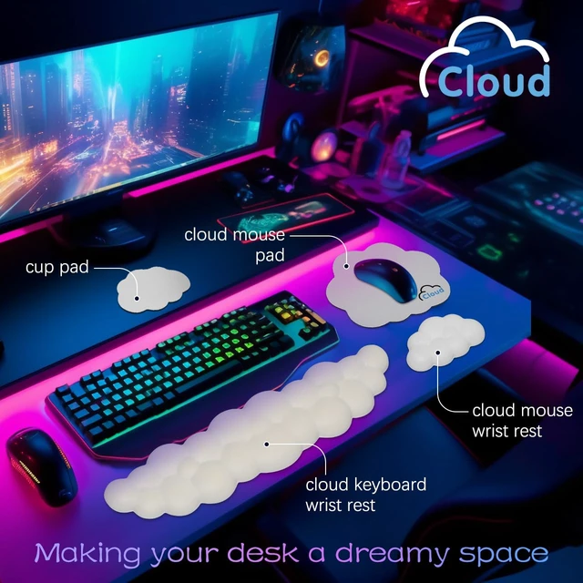 Alt view image 2 of 7 - 4 in 1 Ergonomic Leather Cloud Wrist Rest Keyboard and Mouse Pad & Coaster Full 4-Piece Set, Non-Slip PU Base, Soft Memory Foam Comfort For Long Work/Gaming Hours, Cute Desk Decor, Easy To Clean