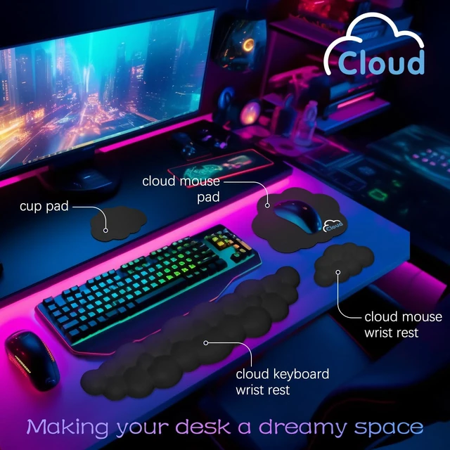 Alt view image 2 of 7 - 4 in 1 Ergonomic Leather Cloud Wrist Rest Keyboard and Mouse Pad & Coaster Full 4-Piece Set, Non-Slip PU Base, Soft Memory Foam Comfort For Long Work/Gaming Hours, Cute Desk Decor, Easy To Clean