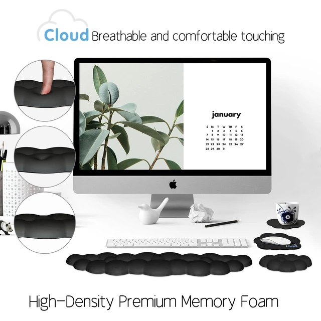 Alt view image 6 of 7 - 4 in 1 Ergonomic Leather Cloud Wrist Rest Keyboard and Mouse Pad & Coaster Full 4-Piece Set, Non-Slip PU Base, Soft Memory Foam Comfort For Long Work/Gaming Hours, Cute Desk Decor, Easy To Clean