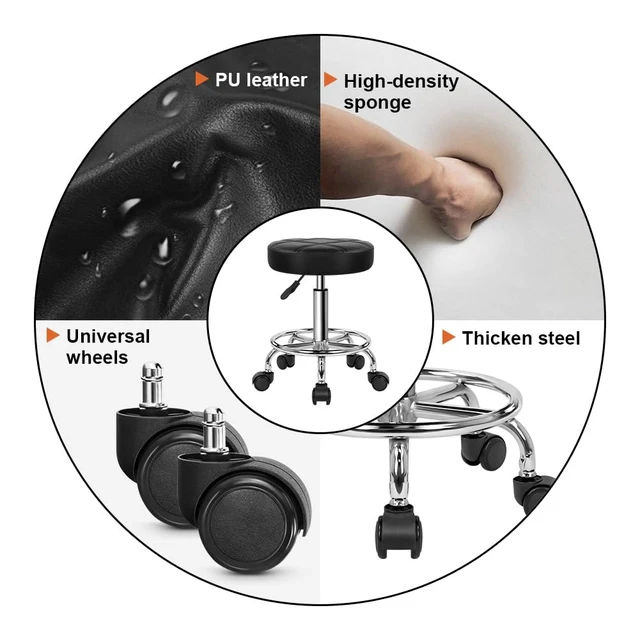 Alt view image 5 of 7 - Round Rolling Stool Chair PU Leather Height Adjustable Swivel Drafting Work SPA Shop Medical Salon Stools with Wheels Office Chair Small (Black)