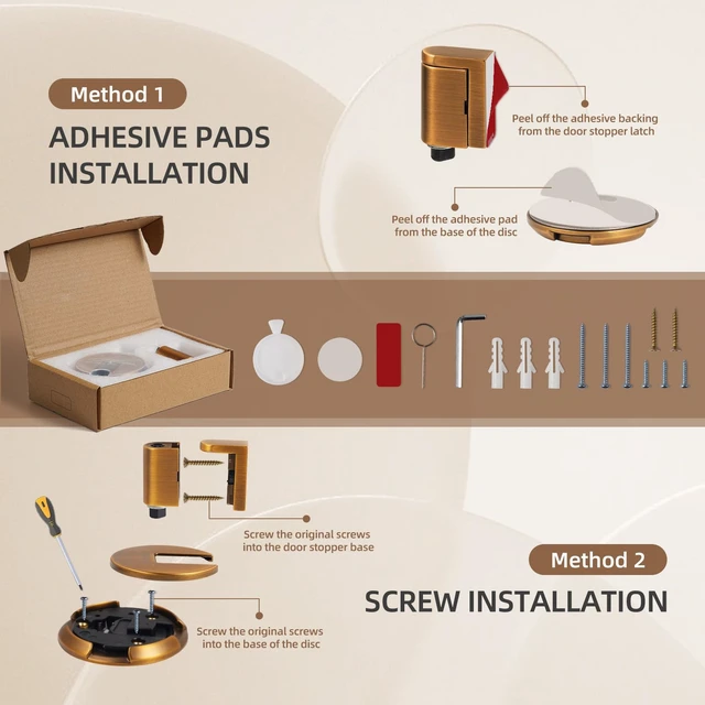 Alt view image 5 of 7 - Windproof Door Stopper Indoor Heavy Duty Floor Door Stop Keep Door Open Mechanical No Drilling Door Stopper with Screws and Adhesive Pads, 4 Pack, Bright Gold
