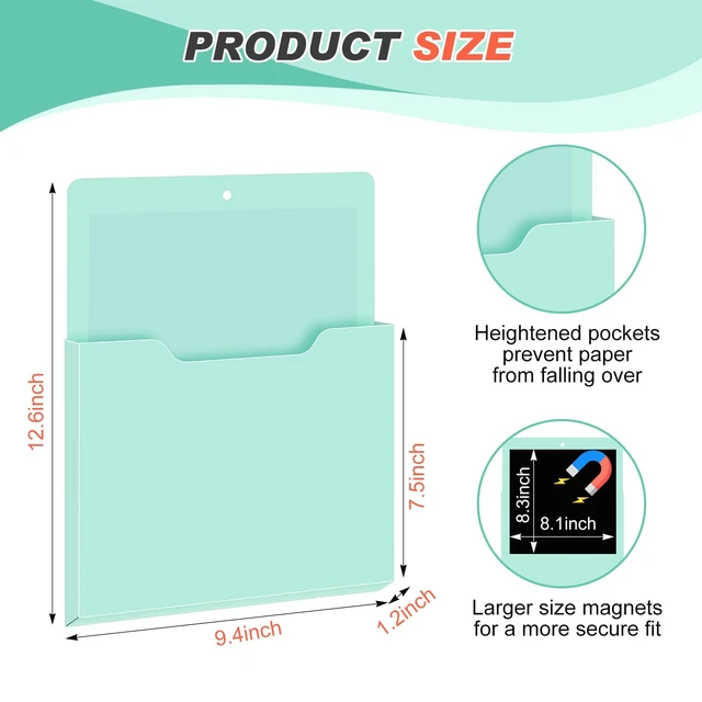 Alt view image 2 of 6 - Magnetic File Holder Wall, 12.2 x 9.4 Inch, Vertical, Mint Green Large File Folder for Fridge, Whiteboard, Cabinet, Paper Mail Letters Storage, Office Magnetic Folder Mount