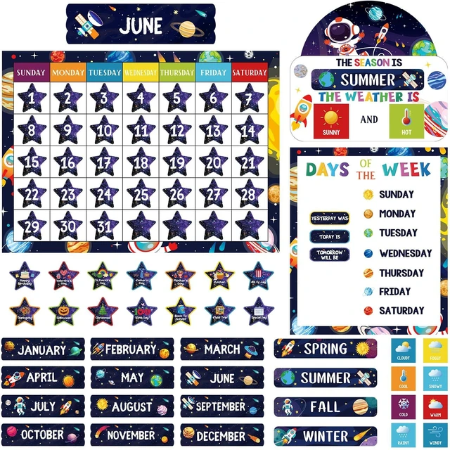 Main image of 169 Pcs Space Themed Classroom Calendar Board Space Themed Class Set with Weather Seasons Days Month Cards, Stickers for Bulletin Wall Display