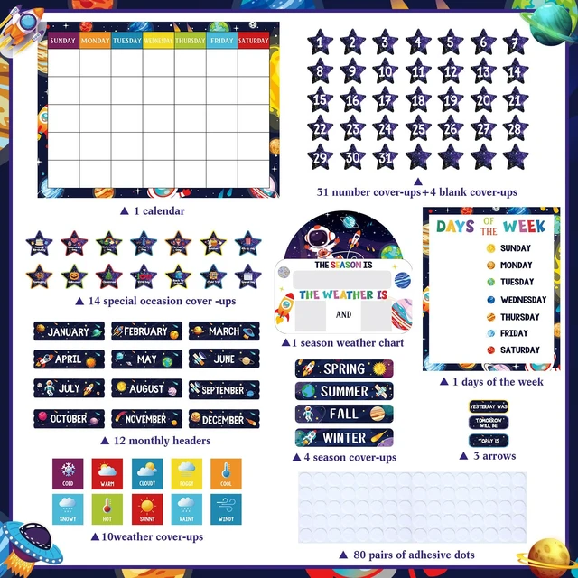 Alt view image 2 of 6 - 169 Pcs Space Themed Classroom Calendar Board Space Themed Class Set with Weather Seasons Days Month Cards, Stickers for Bulletin Wall Display