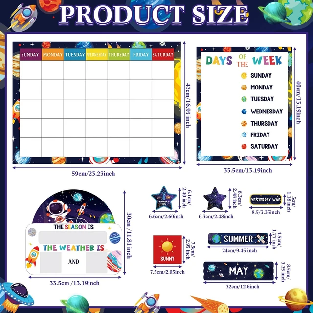Alt view image 3 of 6 - 169 Pcs Space Themed Classroom Calendar Board Space Themed Class Set with Weather Seasons Days Month Cards, Stickers for Bulletin Wall Display