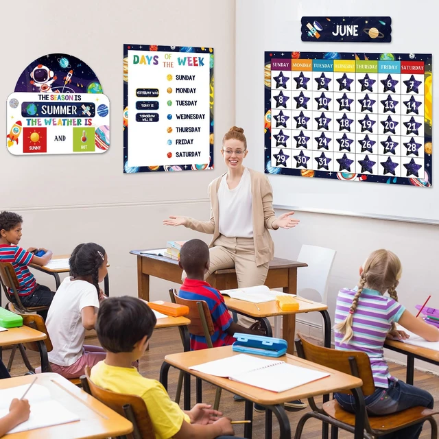 Alt view image 6 of 6 - 169 Pcs Space Themed Classroom Calendar Board Space Themed Class Set with Weather Seasons Days Month Cards, Stickers for Bulletin Wall Display