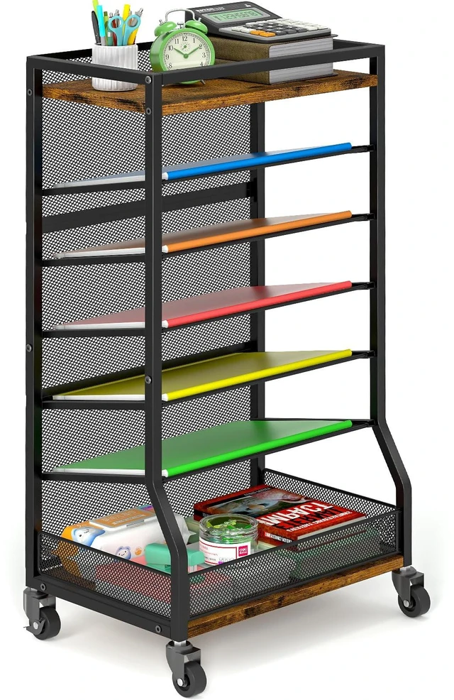 Main image of 7 Tier Rolling File Cart with Sliding Trays, Wood Metal File Organizer Beside Desk, Free-Standing File Holder, Paper Letter Tray Organizer Mesh Desk Organizer for Home Office School (Patent)