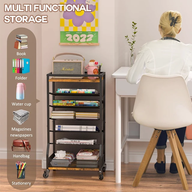 Alt view image 4 of 7 - 7 Tier Rolling File Cart with Sliding Trays, Wood Metal File Organizer Beside Desk, Free-Standing File Holder, Paper Letter Tray Organizer Mesh Desk Organizer for Home Office School (Patent)