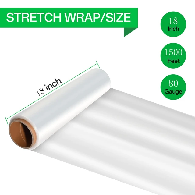Alt view image 2 of 7 - 18in Stretch Wrap Roll, Heavy Duty 1500ft Shrink Wrap, Pallet Wrap 4 Pack Industrial Strength, 80 Gauge, Clear Stretch Film, Self-Adhesive Cling, Plastic Wrap for Furniture Wrapping Shipping Moving