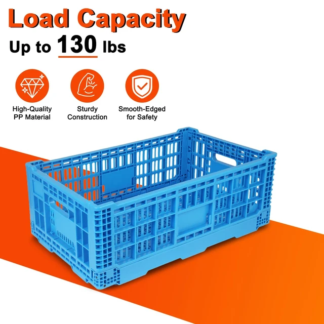 Alt view image 3 of 7 - 52L Plastic Collapsible Storage Bins with Handles, Stackable Folding Storage Crates, Hold 130 lbs Per Bin, Heavy Duty Milk Crates Containers for Home Organizing