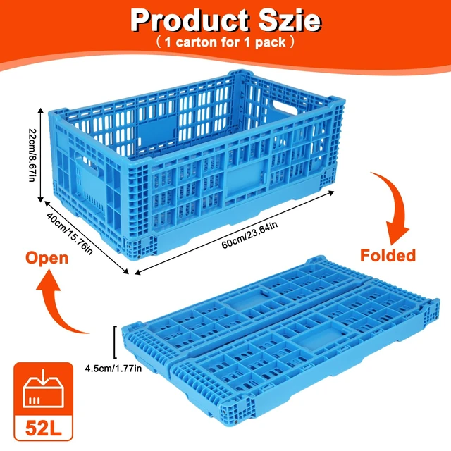 Alt view image 2 of 7 - 52L Plastic Collapsible Storage Bins with Handles, Stackable Folding Storage Crates, Hold 130 lbs Per Bin, Heavy Duty Milk Crates Containers for Home Organizing
