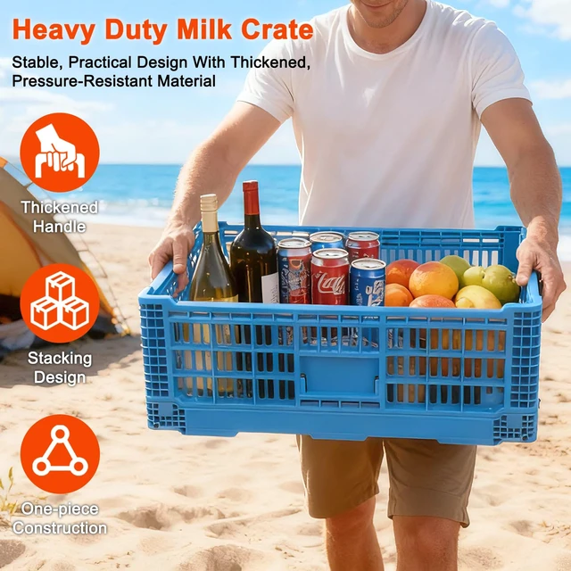 Alt view image 4 of 7 - 52L Plastic Collapsible Storage Bins with Handles, Stackable Folding Storage Crates, Hold 130 lbs Per Bin, Heavy Duty Milk Crates Containers for Home Organizing