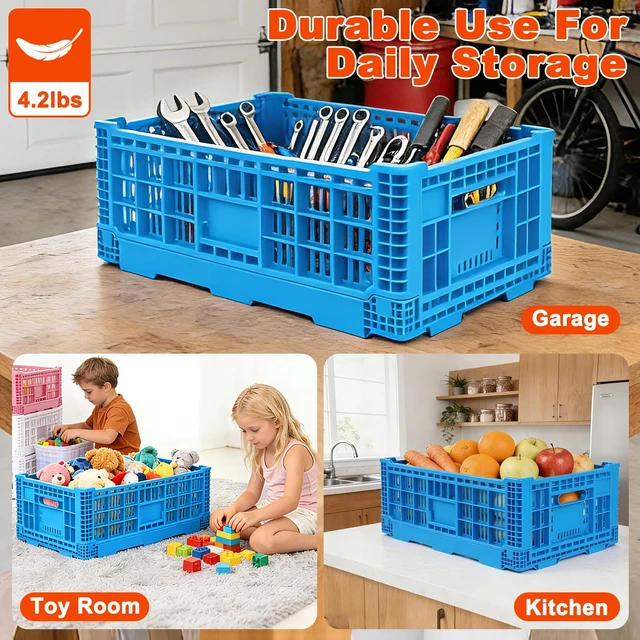 Alt view image 5 of 7 - 52L Plastic Collapsible Storage Bins with Handles, Stackable Folding Storage Crates, Hold 130 lbs Per Bin, Heavy Duty Milk Crates Containers for Home Organizing