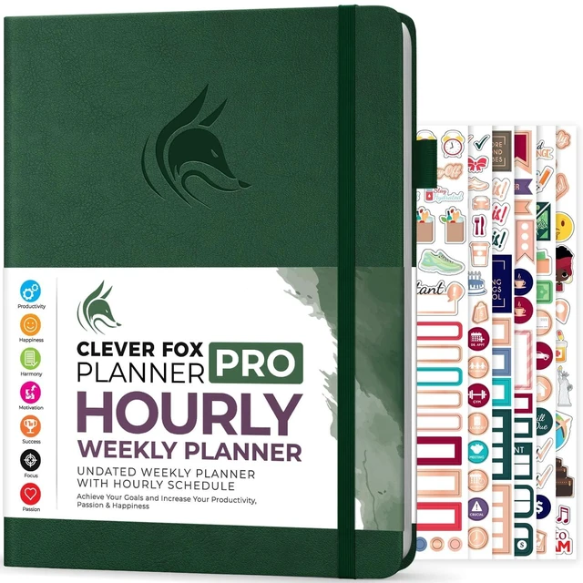 Main image of Planner PRO Hourly, Undated Weekly & Monthly, Forest Green 8.5x11" daily planner with time slots, Eco leather cover, Stickers, 120gsm paper, Work schedule organizer, Appointment book