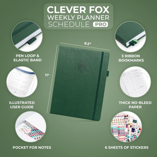 Alt view image 2 of 6 - Planner PRO Hourly, Undated Weekly & Monthly, Forest Green 8.5x11" daily planner with time slots, Eco leather cover, Stickers, 120gsm paper, Work schedule organizer, Appointment book