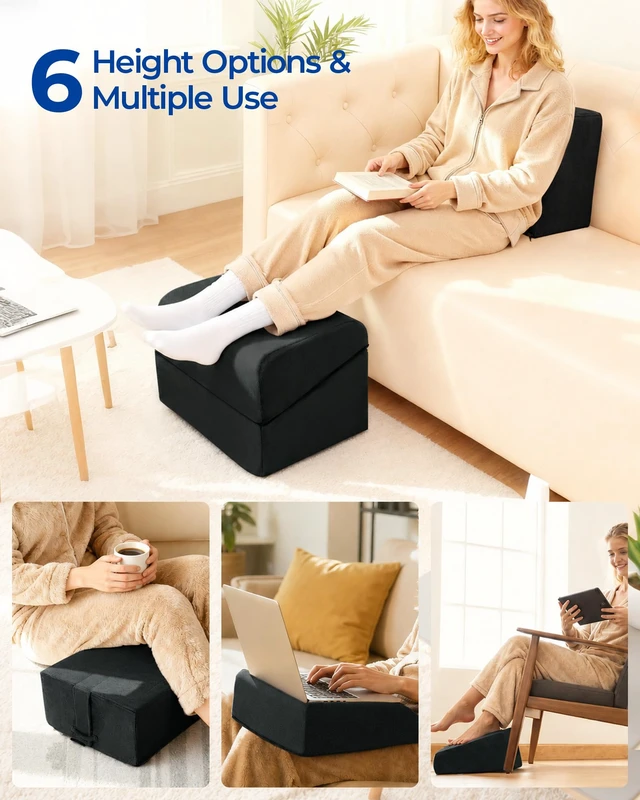 Alt view image 3 of 7 - Adjustable Heights Foot Rest for Under Desk at Work, Black Ergonomic High-Density Bamboo Charcoal Foam Footrest with Washable Cover, Leg Rest Back Pillow for Office Home