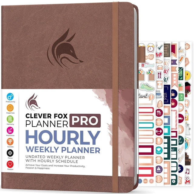 Main image of Planner PRO Hourly, Undated Weekly & Monthly, Dark Terracotta 8.5x11" daily planner with time slots, Eco leather cover, Stickers, 120gsm paper, Work schedule organizer, Appointment book