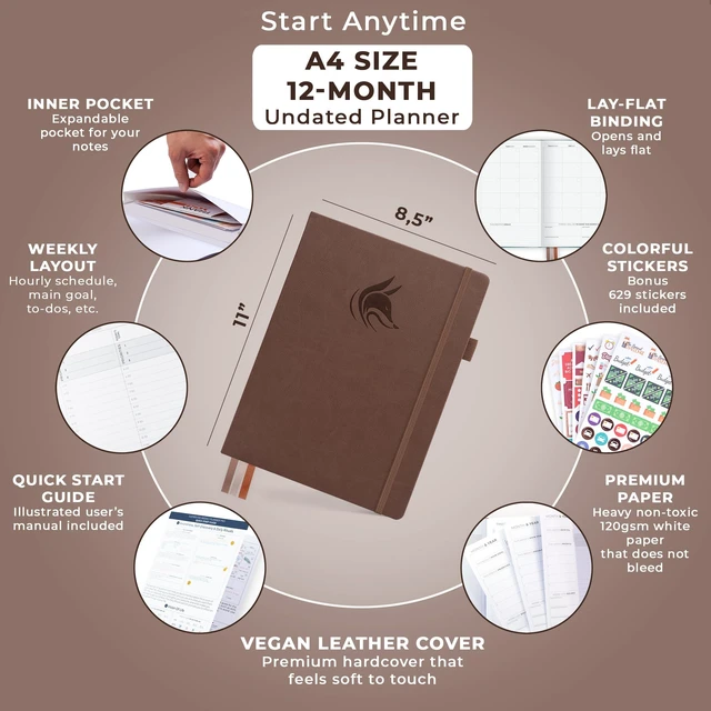 Alt view image 2 of 6 - Planner PRO Hourly, Undated Weekly & Monthly, Dark Terracotta 8.5x11" daily planner with time slots, Eco leather cover, Stickers, 120gsm paper, Work schedule organizer, Appointment book