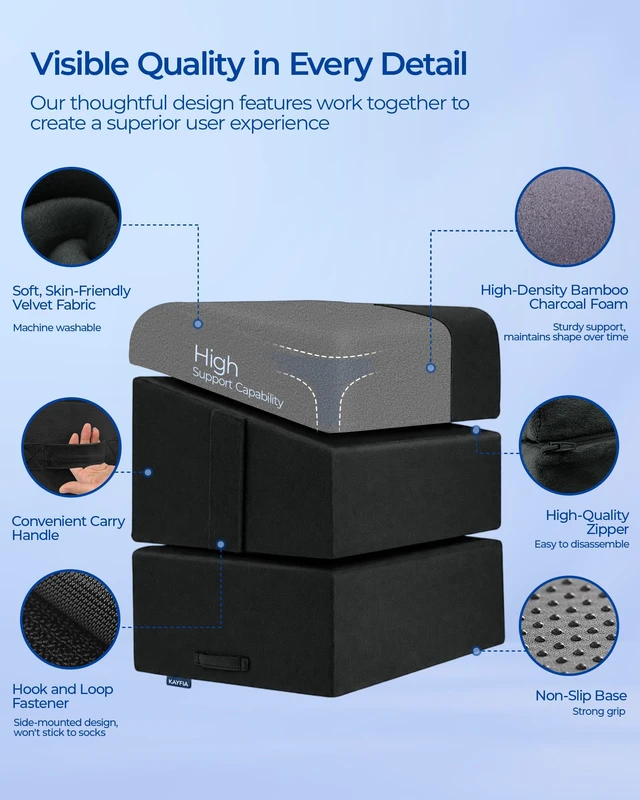 Alt view image 5 of 7 - Adjustable Heights Foot Rest for Under Desk at Work, Black Ergonomic High-Density Bamboo Charcoal Foam Footrest with Washable Cover, Leg Rest Back Pillow for Office Home